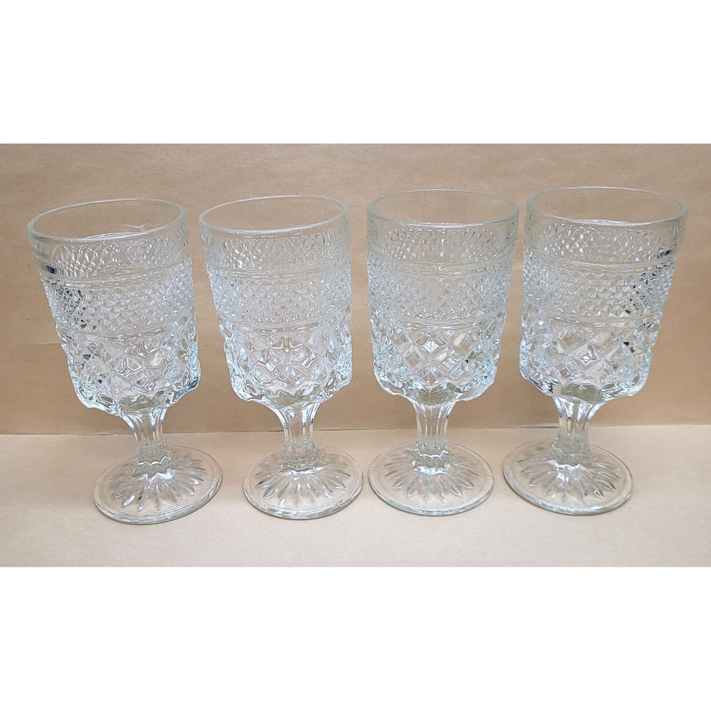 Set of 4 Anchor Hocking Wexford Clear Glass Water Goblets Diamond 6-5/8"H